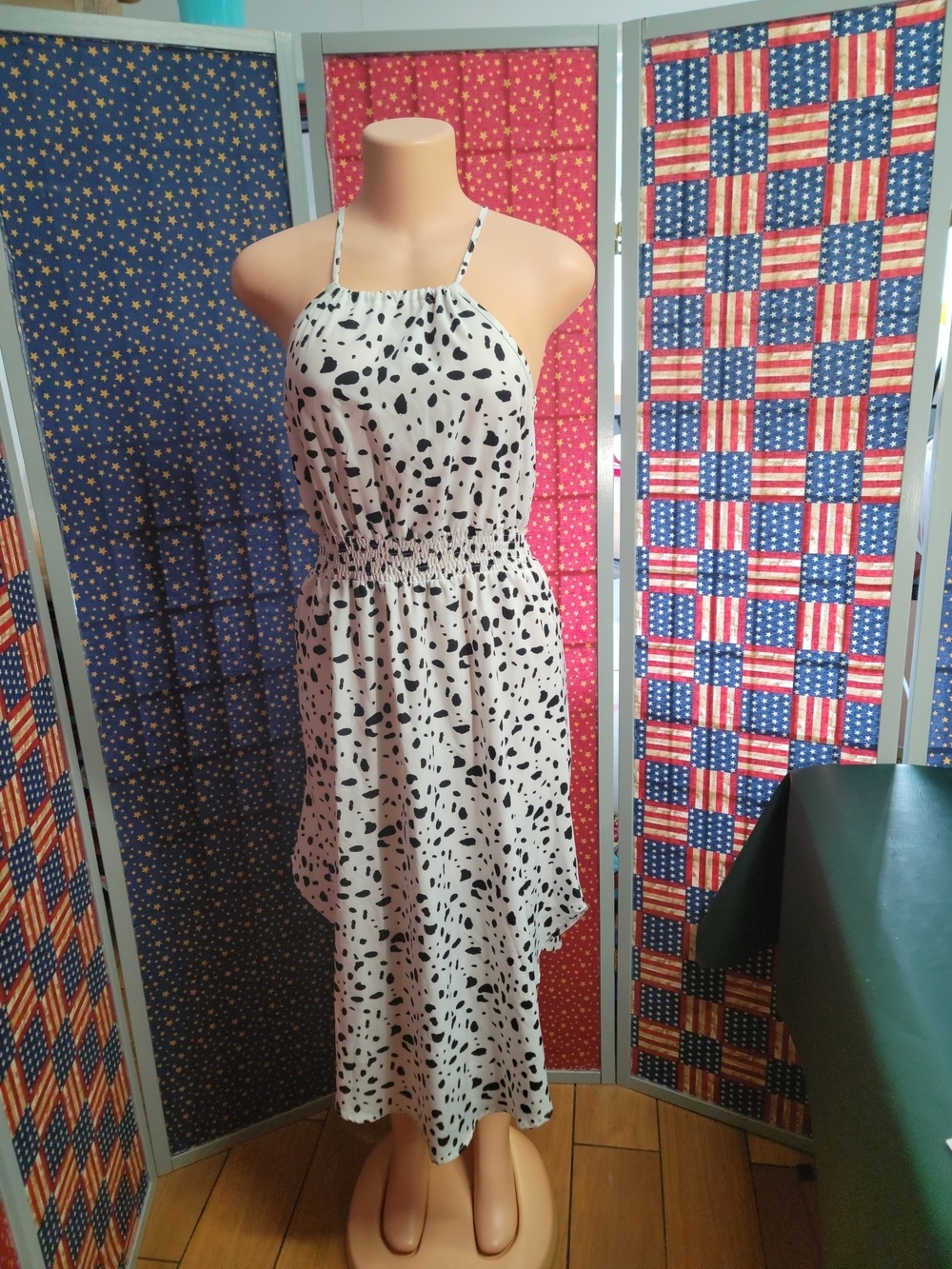 White and Black Dalmatian Print Halter Midi Dress